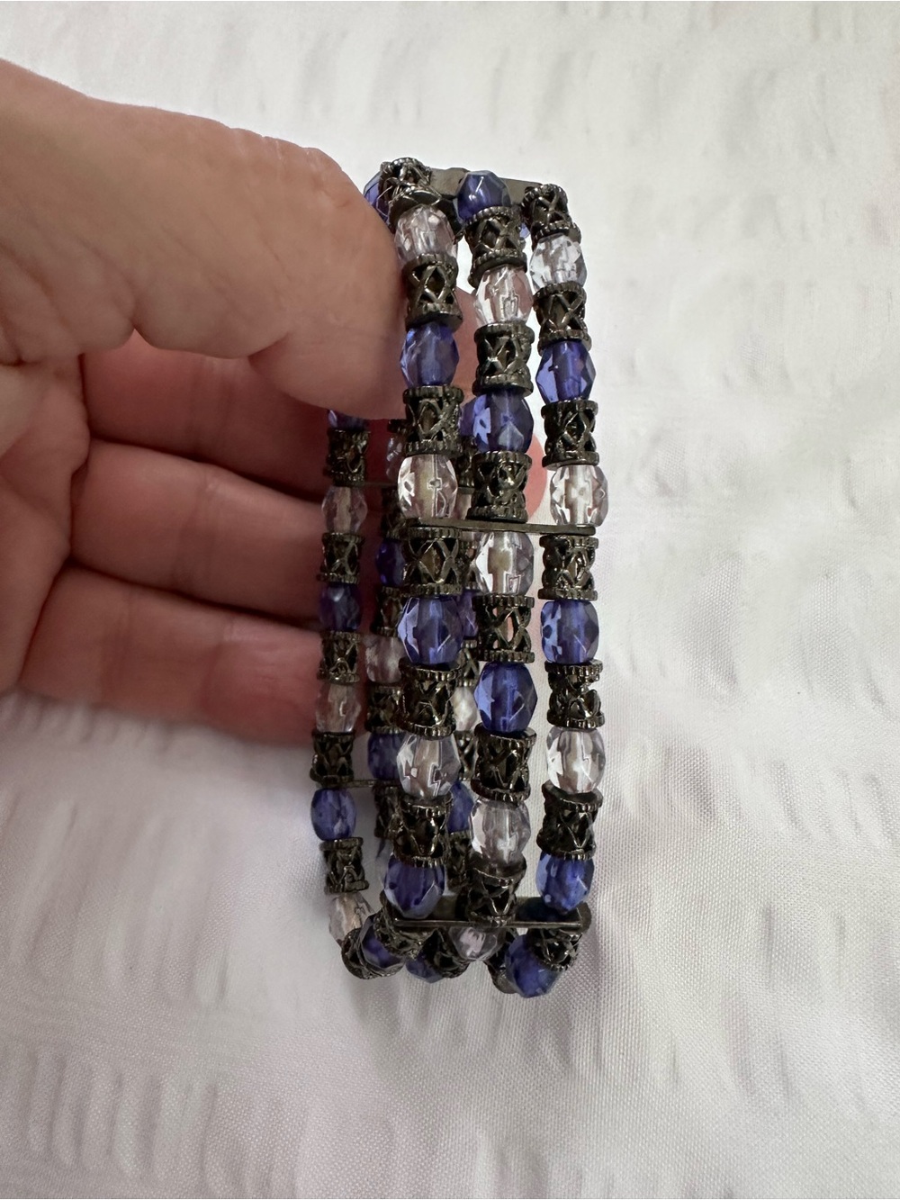 Beaded Wrap Bracelet in Purple and Clear with Antiqued Metal Accents